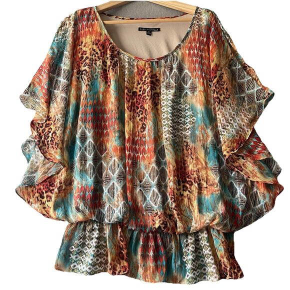 Sara Michelle Sheer Lined Top 1X Multicolor Peasant Boho Artsy Hippie - Picture 6 of 7